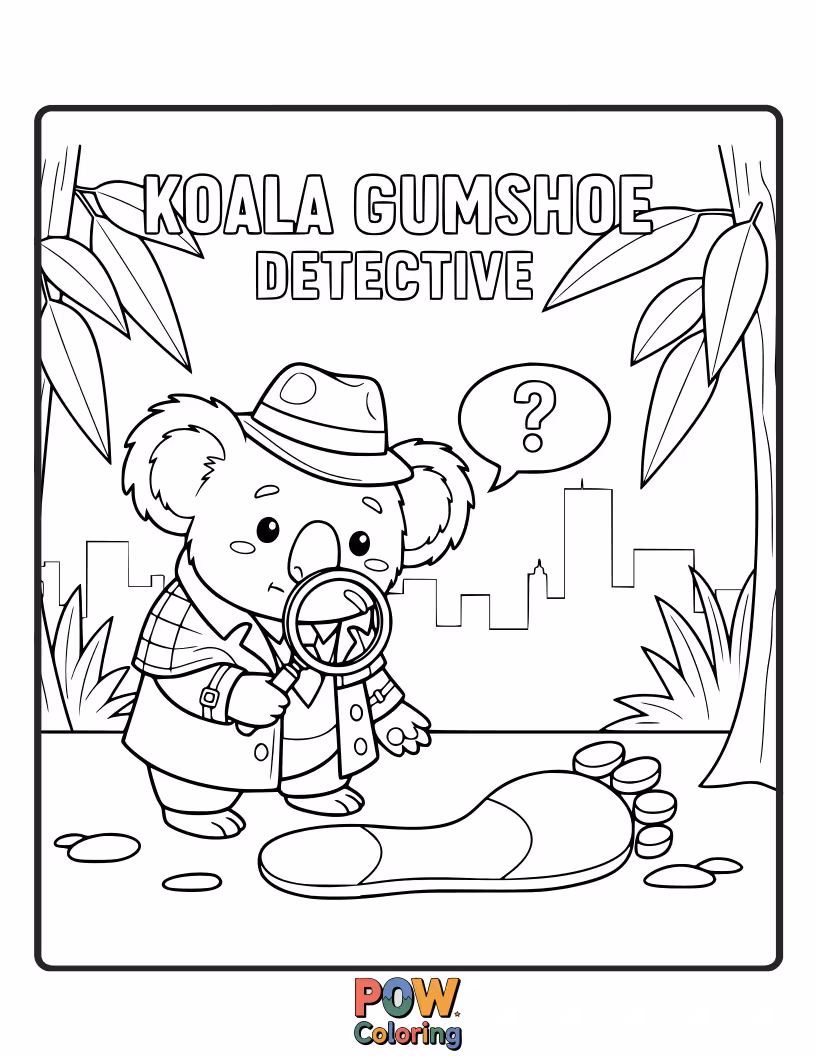 Free coloring page of With a magnifying glass and a trench coat, this koala is on the case, sniffing out the sweetest eucalyptus.