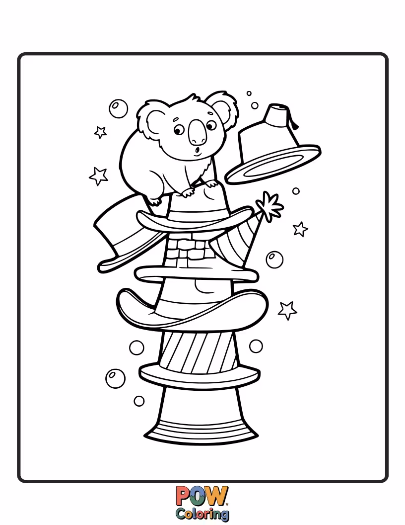 Free coloring page of A ridiculously large hat has fallen over this koala's eyes, leaving it confused and adorably clumsy.