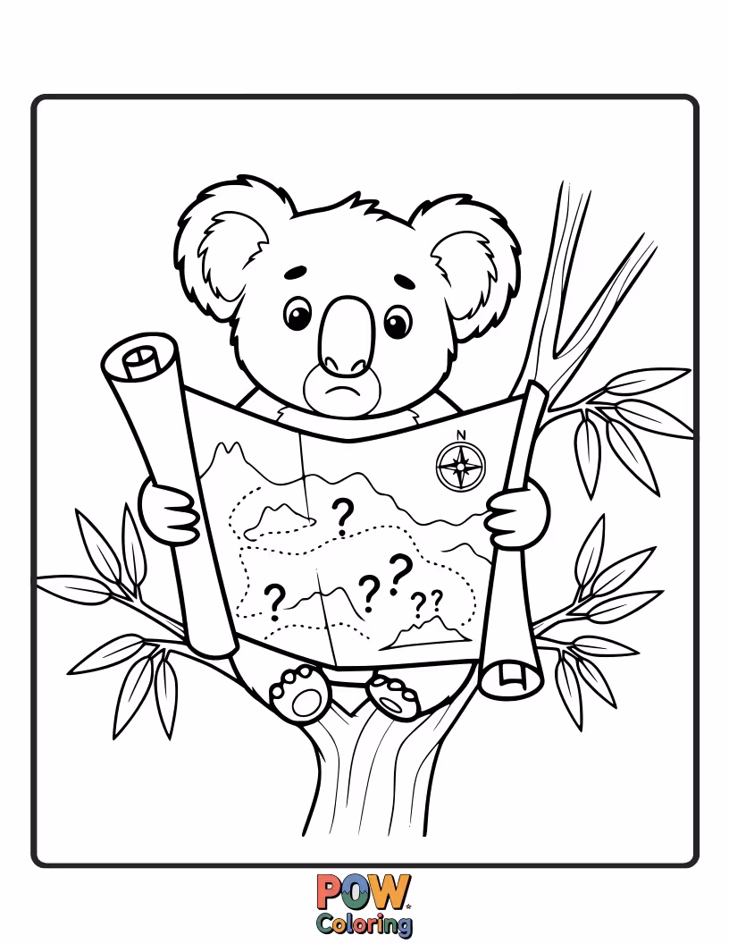 Free coloring page of Confused and a little lost, this koala is studying a map upside down, trying to find its way home.