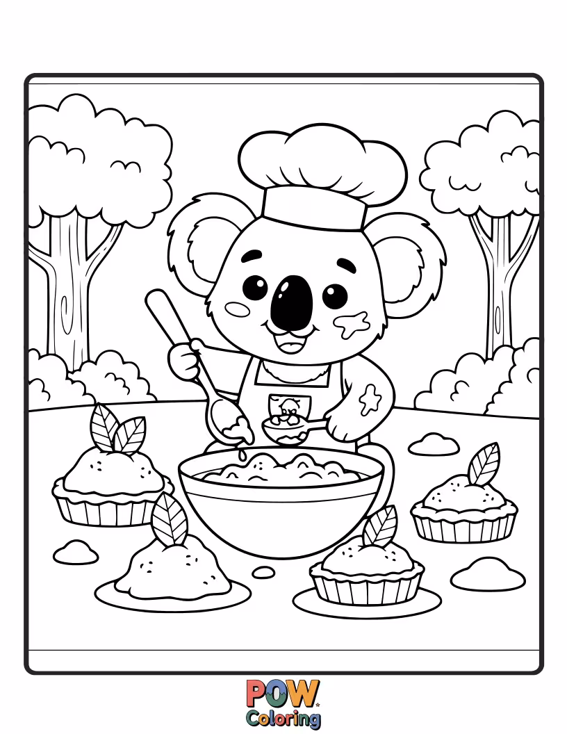 Free coloring page of Covered in mud with a proud grin, this koala is making the messiest, most delicious mud pies ever.