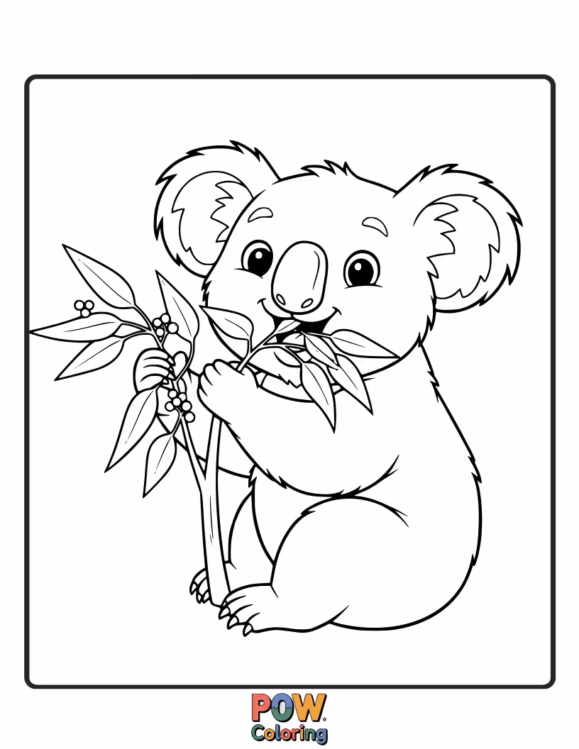 Free coloring page of This eucalyptus-loving koala is ecstatic about its leafy meal, with a wide, joyful smile and maybe a few crumbs.