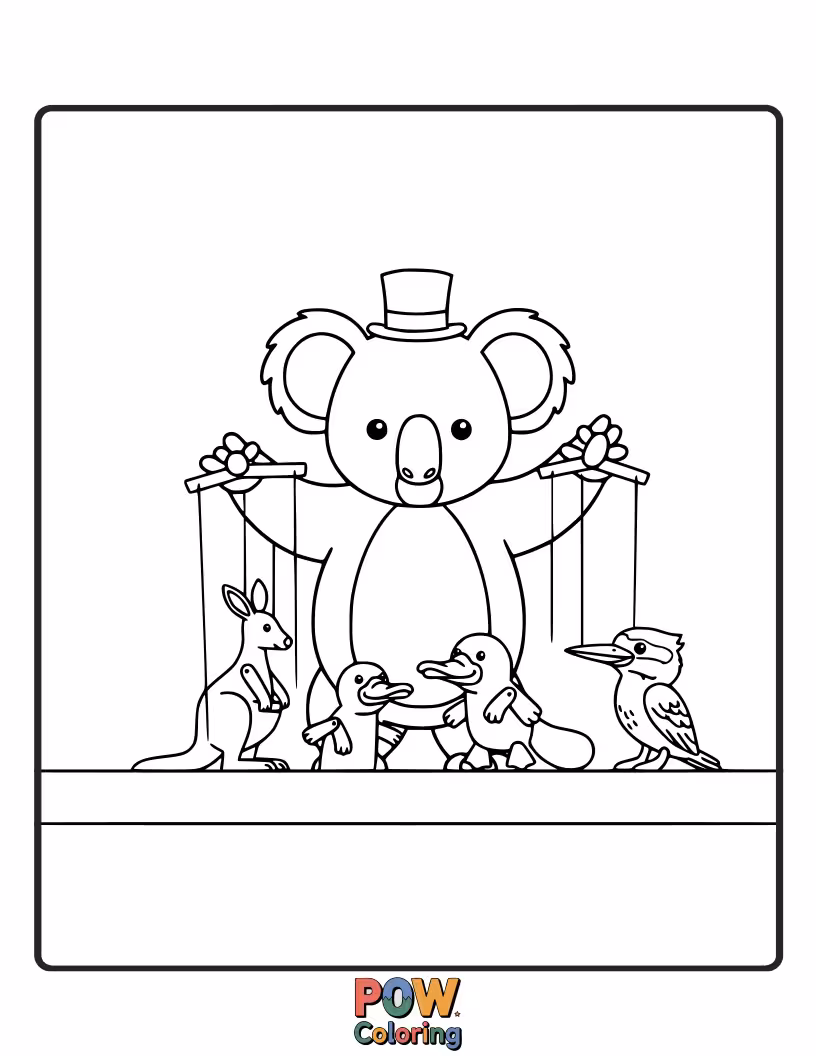 Free coloring page of With creative paws, this koala is making funny shadow puppets on a tree trunk, entertaining its friends.
