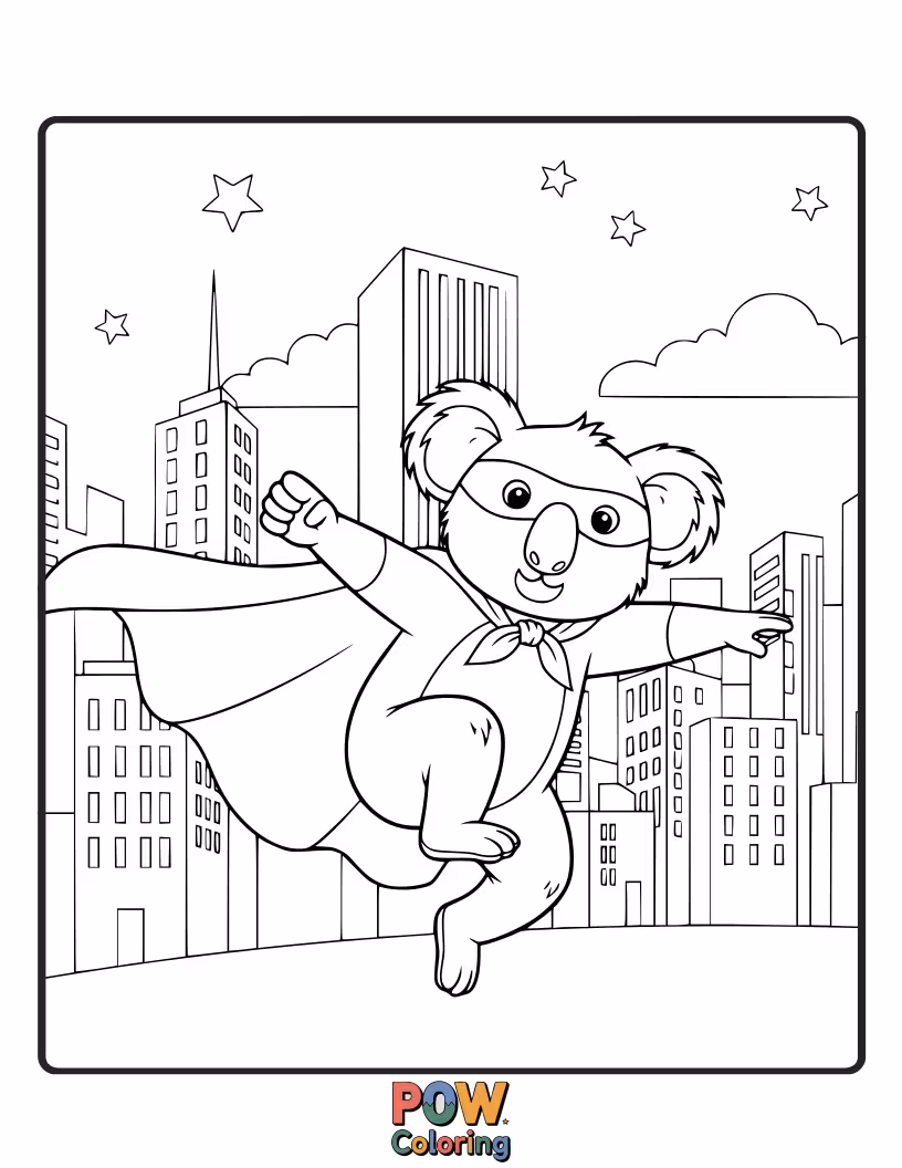 Free coloring page of Striking a heroic pose, this koala is ready to save the day, cape flowing in the wind, fueled by eucalyptus.