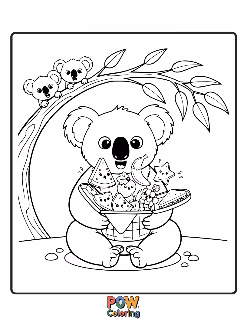 Free coloring page of Eyes wide with excitement, this koala just discovered a huge pile of delicious eucalyptus leaves, ready to munch!