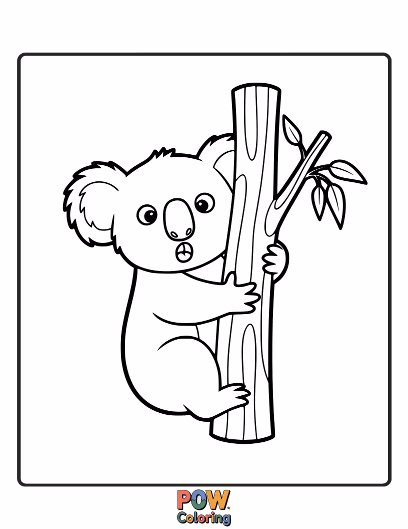 Free coloring page of Wide-eyed and delighted, this koala is ready for a surprise hug, mouth agape in a happy gasp.