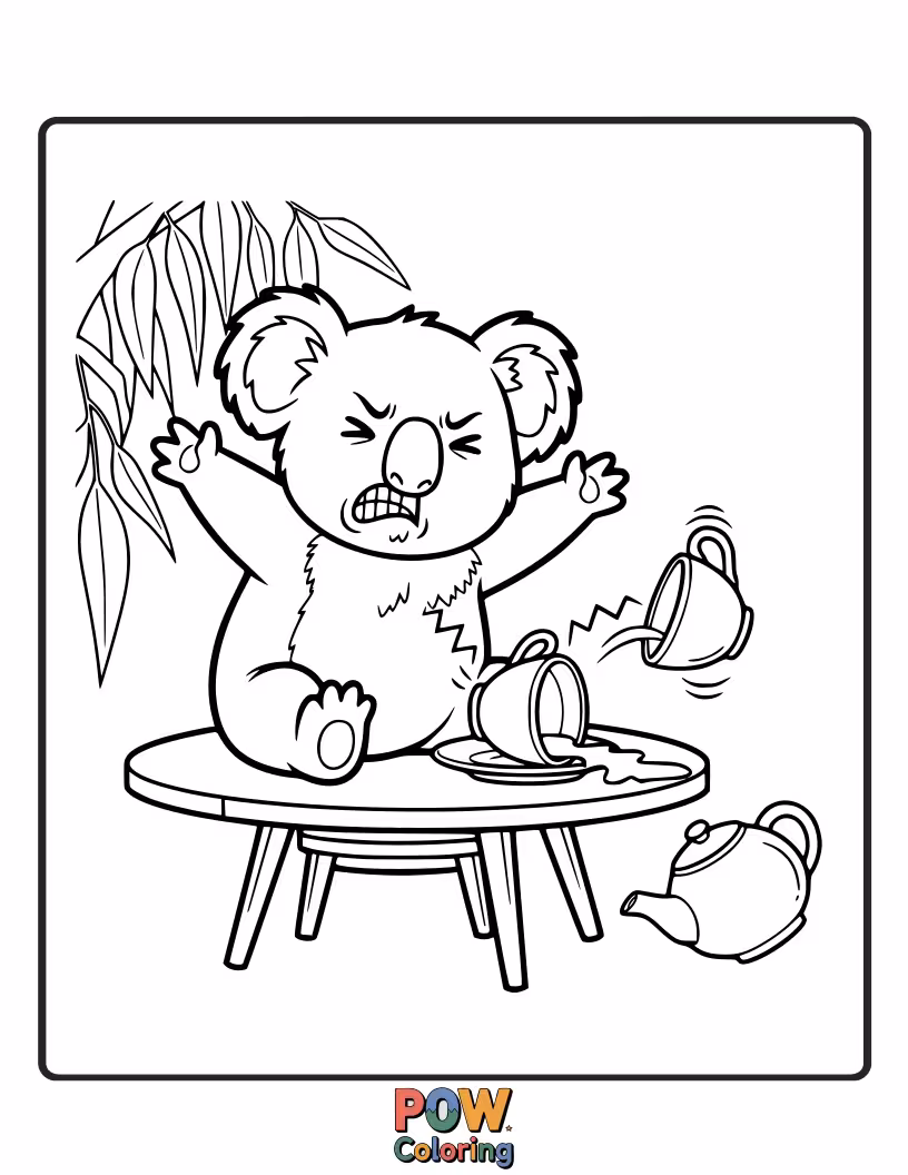 Free coloring page of This koala is hilariously upset because its tea is too cold, stomping its foot with dramatic flair.