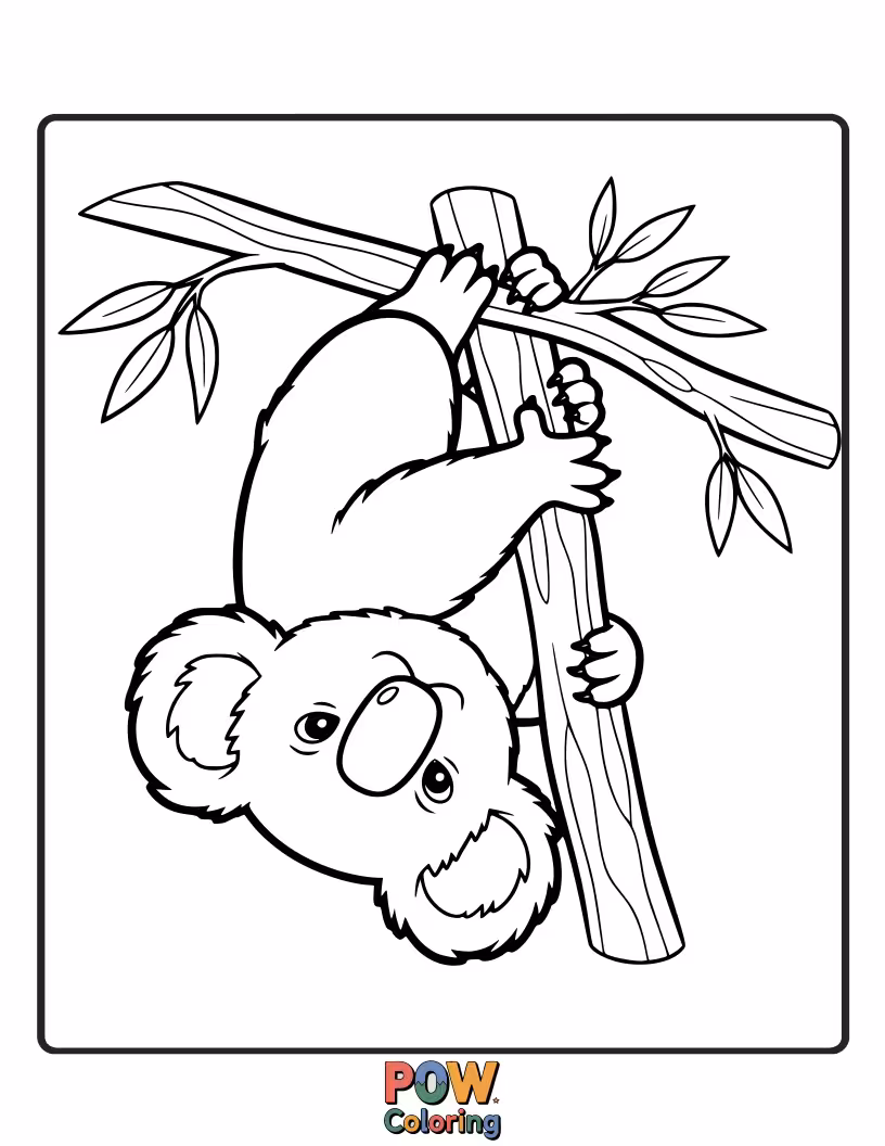Free coloring page of This adventurous koala is chilling out upside down, perfectly content and looking for a tasty leaf.