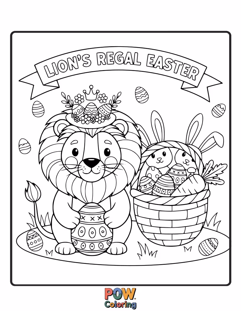 Free coloring page of A majestic lion wearing a crown of flowers, presiding over an Easter egg treasure.