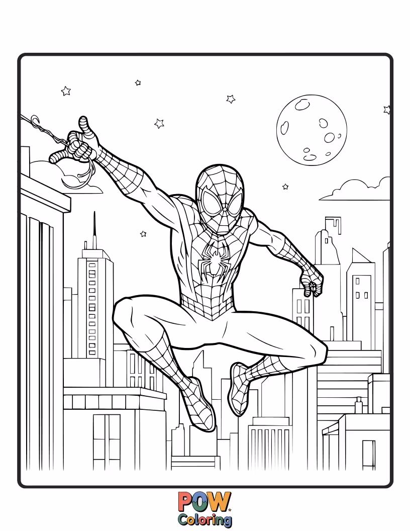 Free coloring page of Miles Morales silhouetted against a full moon, patrolling the quiet streets of his neighborhood.