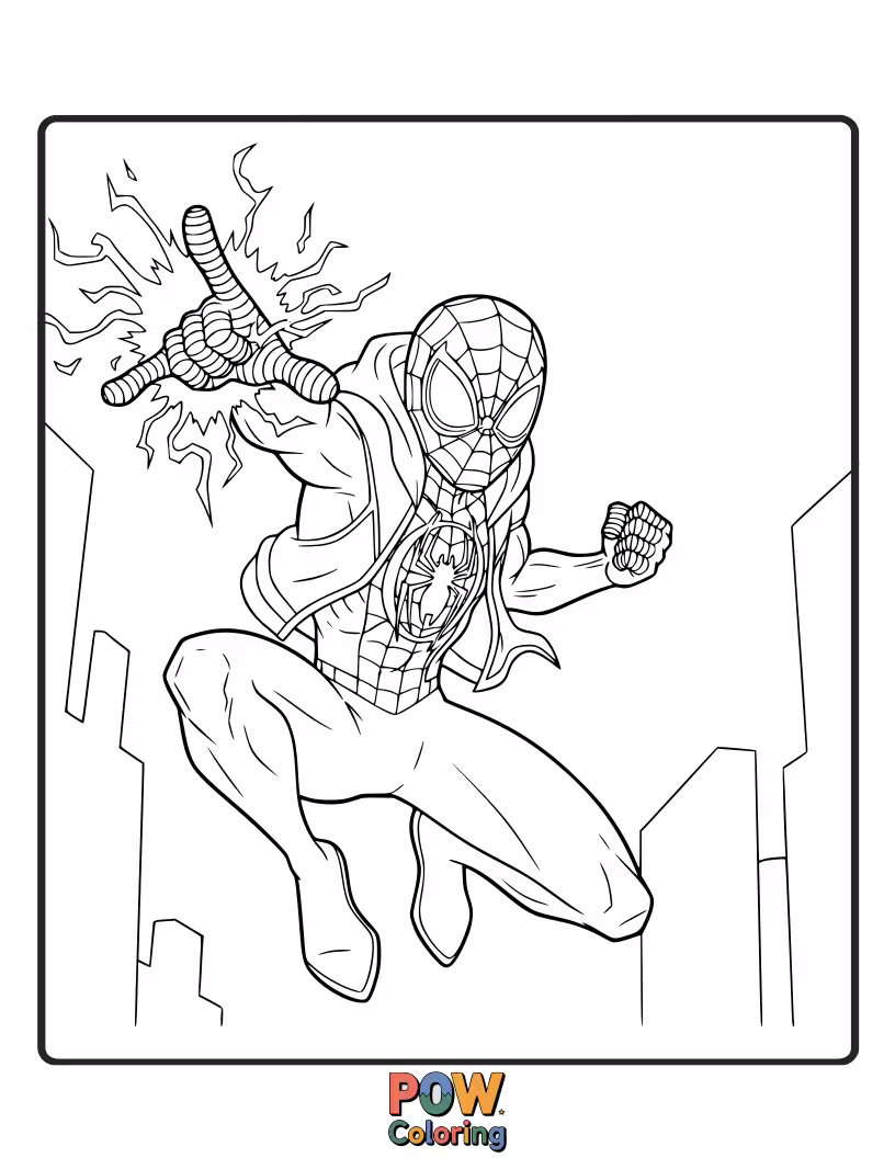 Free coloring page of Miles Morales in a triumphant pose, one fist raised, celebrating victory over evil.