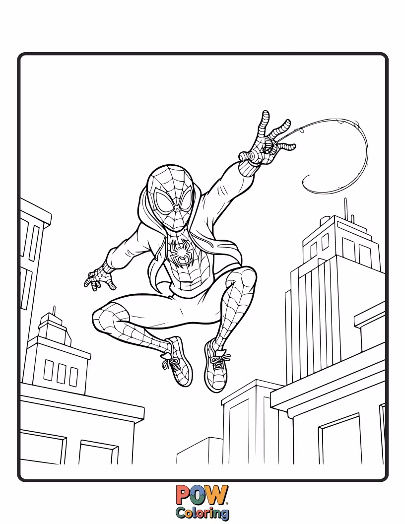 Free coloring page of Miles Morales running at high speed across multiple rooftops, a blur of motion.