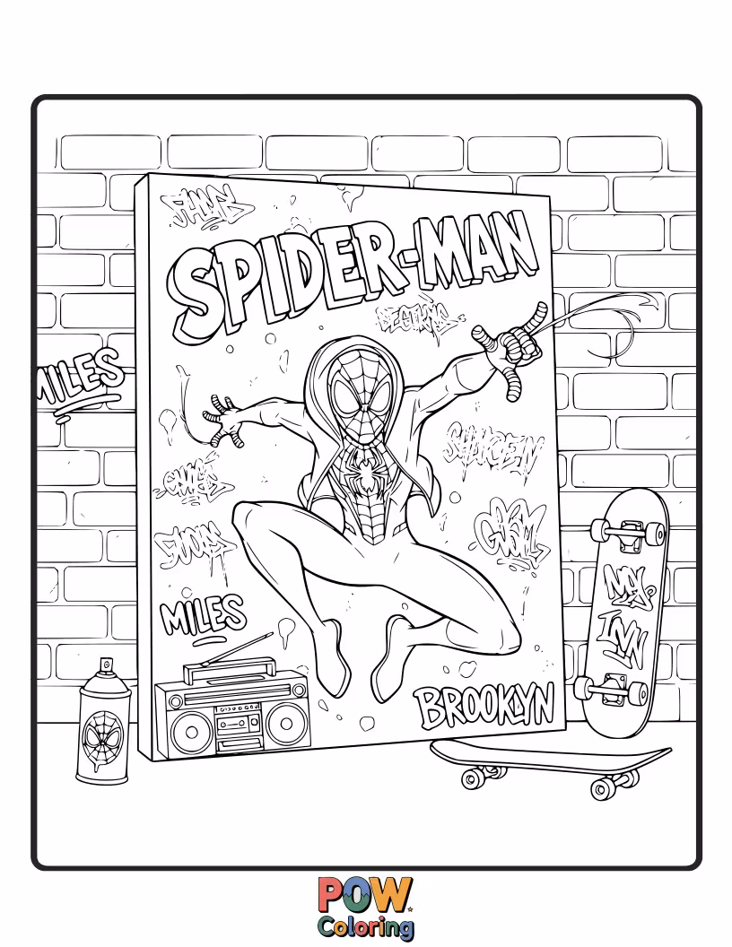 Free coloring page of Miles Morales striking a heroic pose in front of a large, unfinished street art mural.