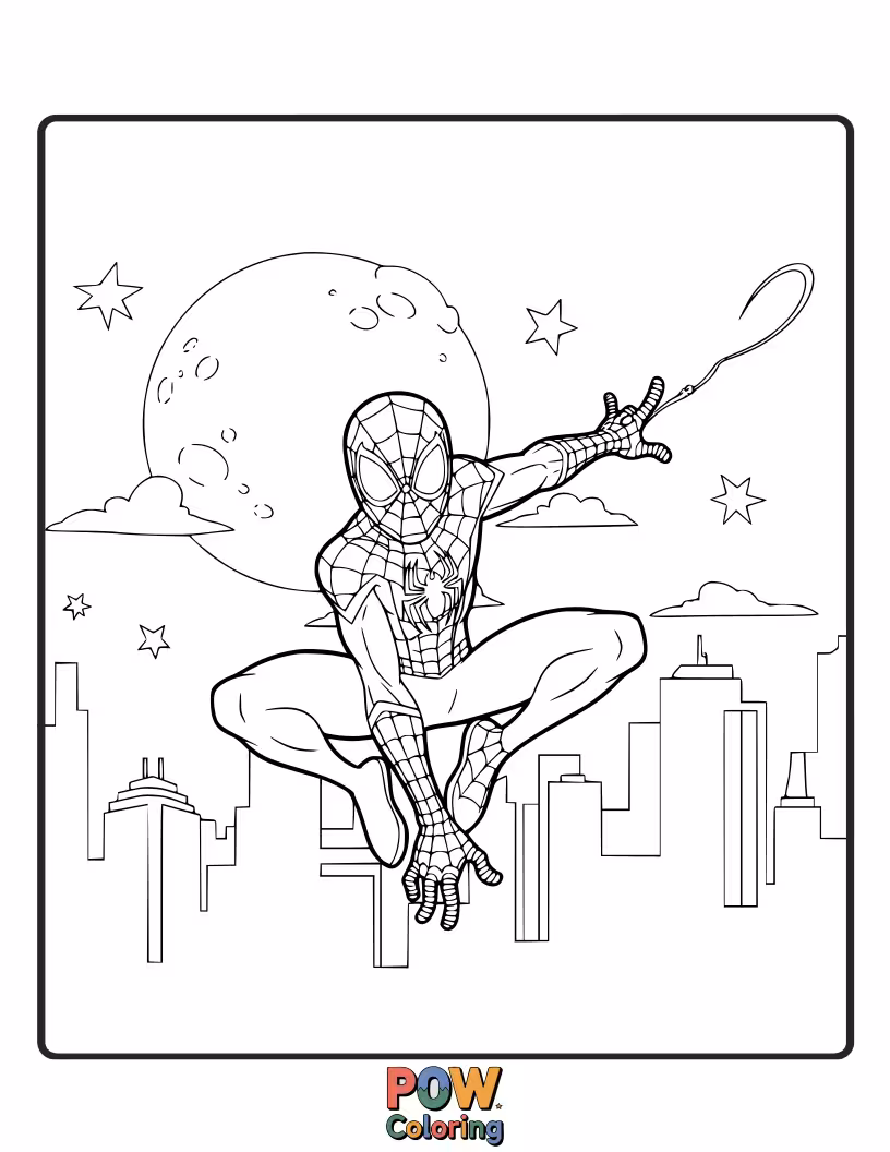 Free coloring page of Miles Morales launching himself high into the air, a powerful superhero ready to descend.