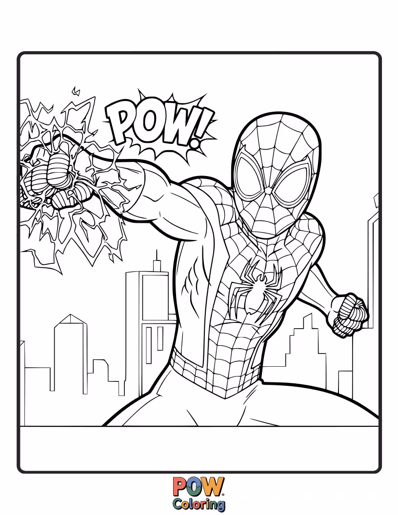 Free coloring page of Miles Morales striking a powerful pose, his hands glowing with yellow venom energy, preparing to attack.