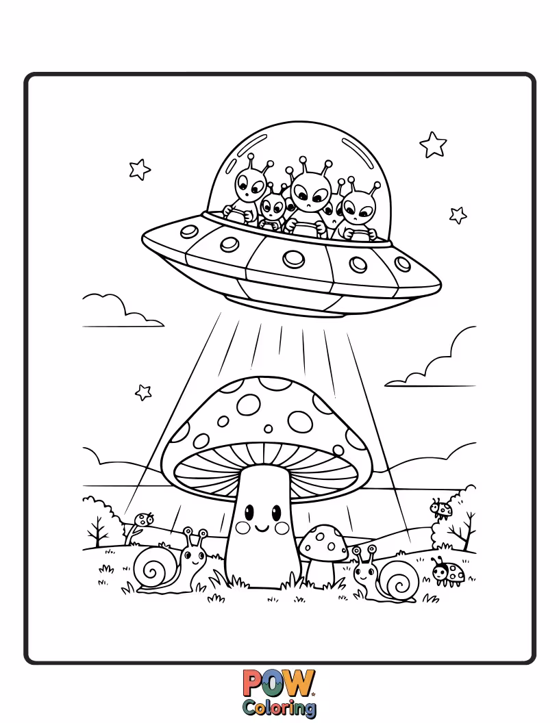 Free coloring page of A mushroom gently being lifted into a UFO by a friendly beam of light.