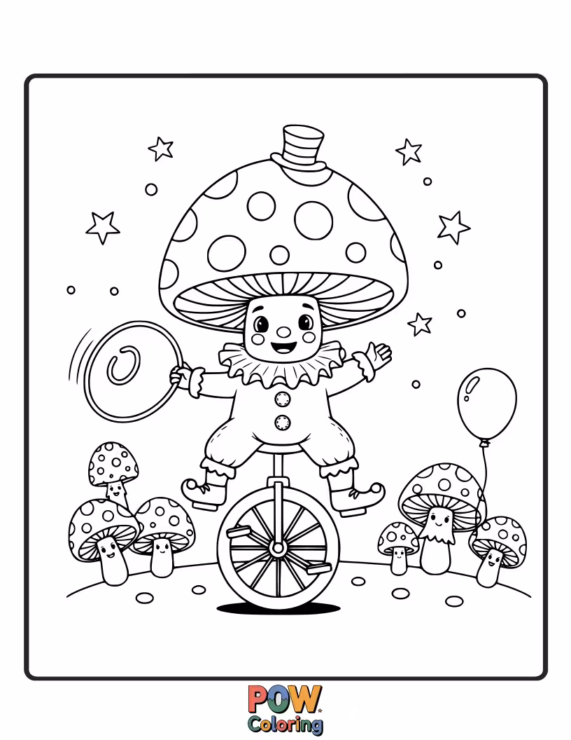 Free coloring page of A mushroom teetering precariously on a unicycle, juggling colorful acorns with great concentration.