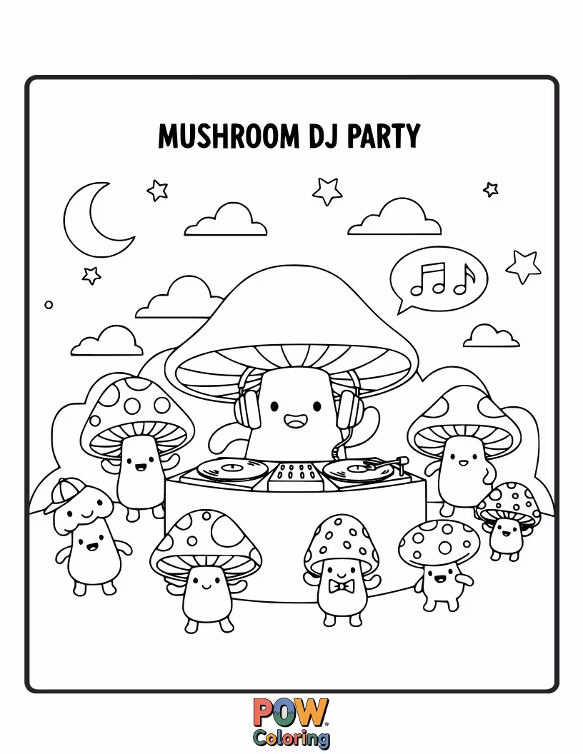 Free coloring page of A mushroom spinning records at a turntable, wearing headphones and hyping up the tiny crowd.