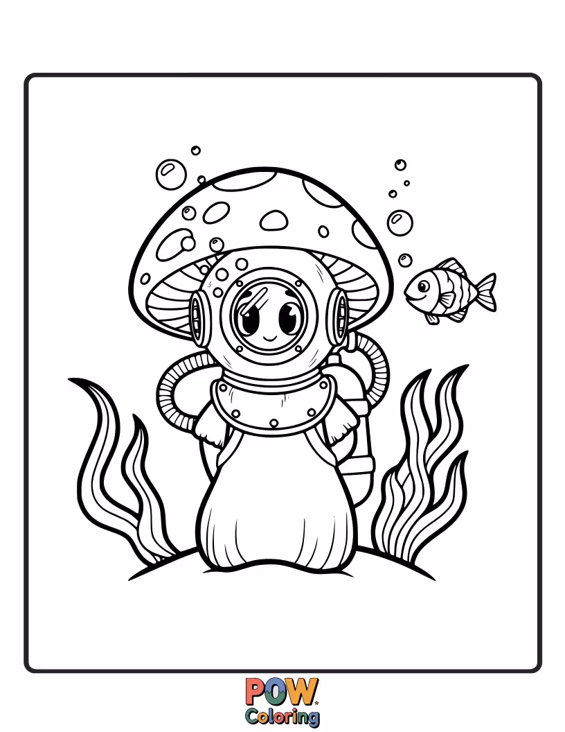 Free coloring page of A mushroom in a vintage diving helmet, exploring the depths and encountering a smiling fish.