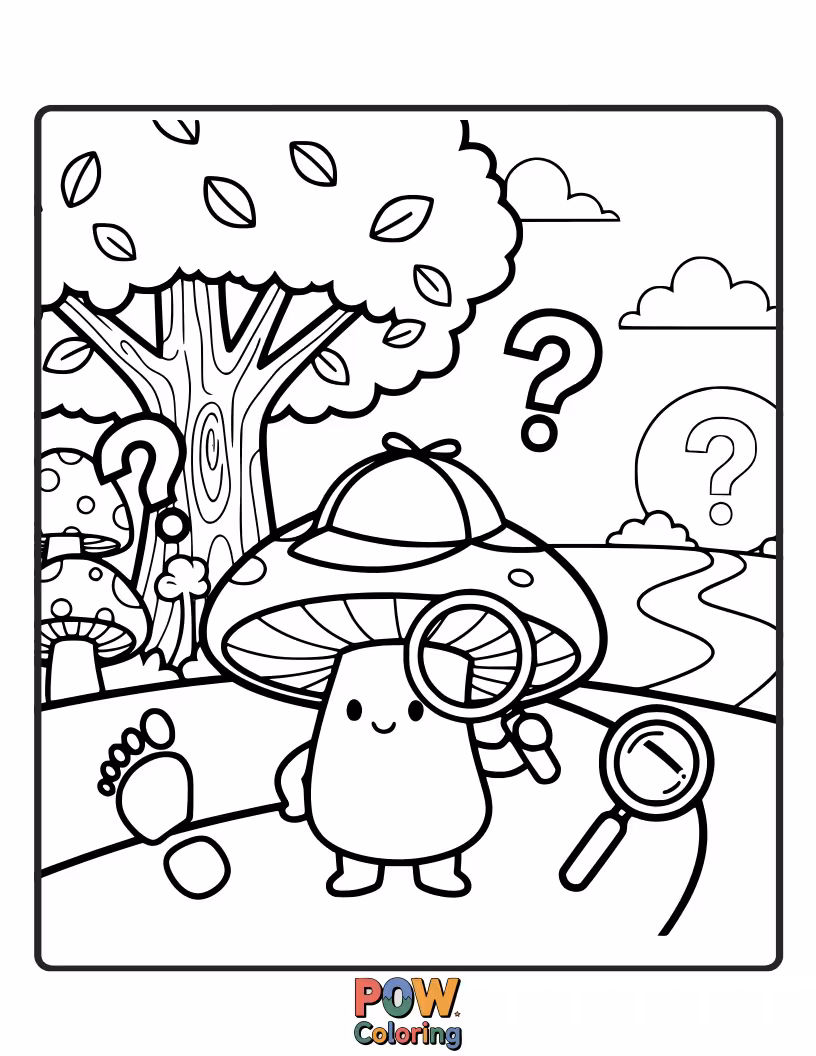 Free coloring page of A keen mushroom detective in a trench coat and fedora, examining a suspicious tiny footprint.