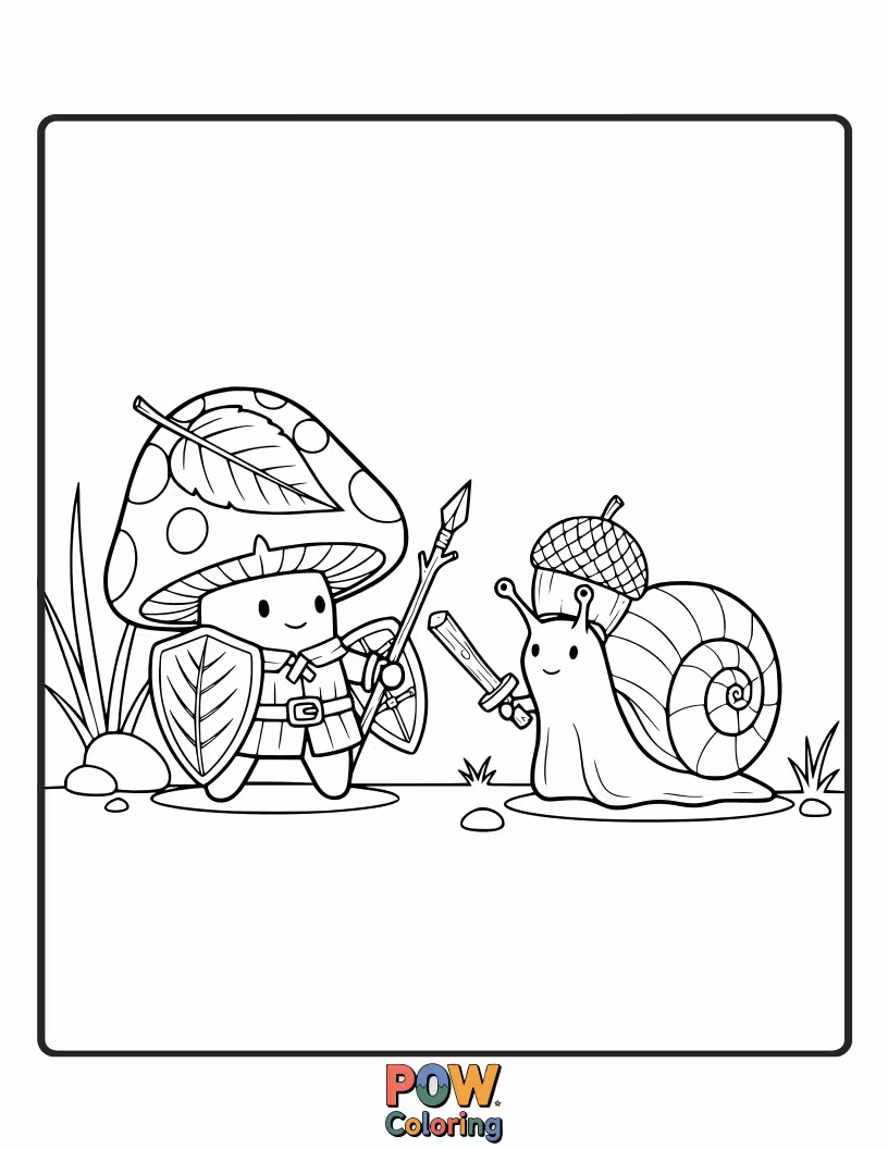 Free coloring page of A mushroom knight bravely challenging a slow-moving, but surprisingly intimidating, snail.