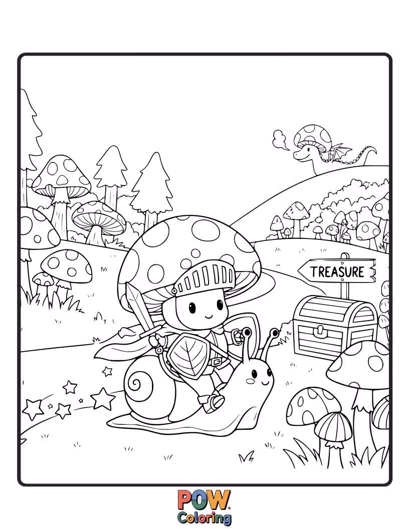 Free coloring page of A brave mushroom knight in armor, attempting to joust with a bewildered ladybug.