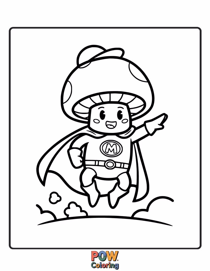 Free coloring page of A mushroom hero in a cape, striking a dramatic pose after a slightly wobbly superhero landing.