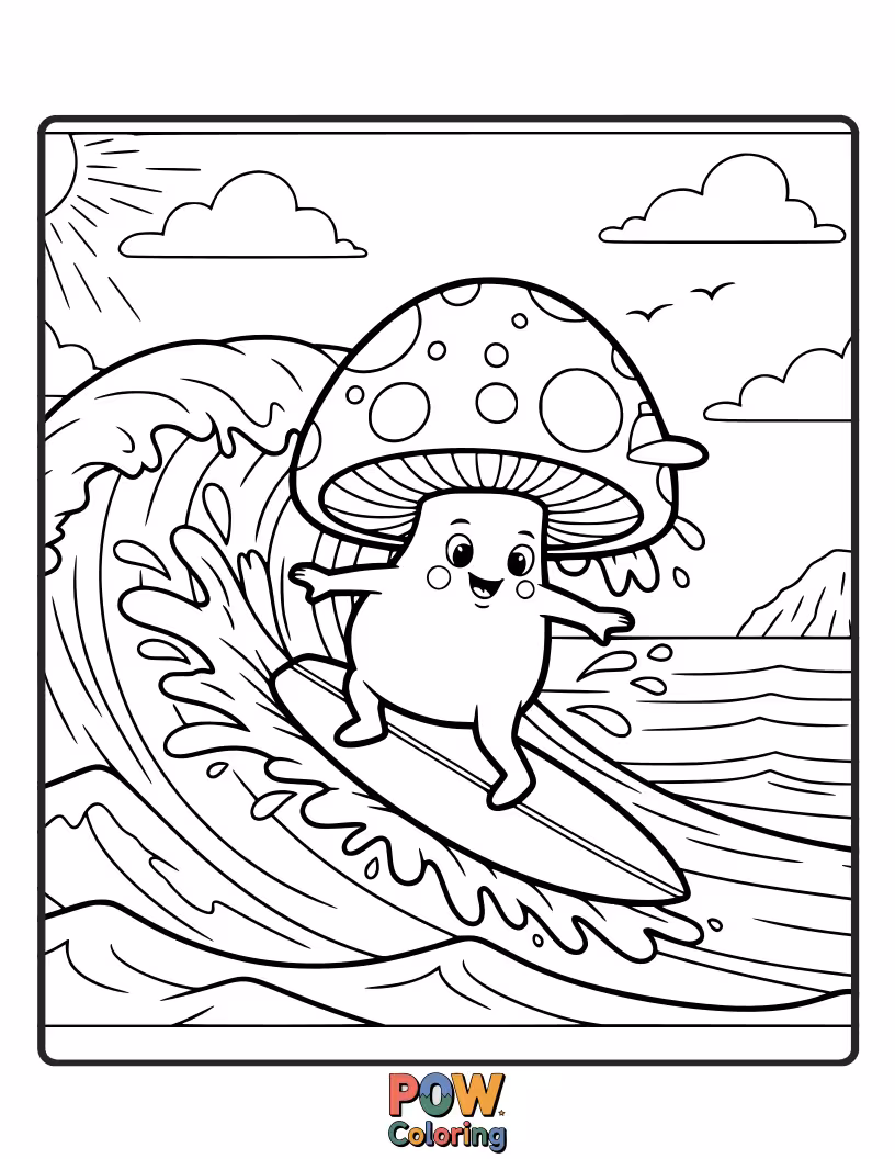Free coloring page of This mushroom is catching a massive wave on a surfboard, looking surprisingly (and funnily) calm.