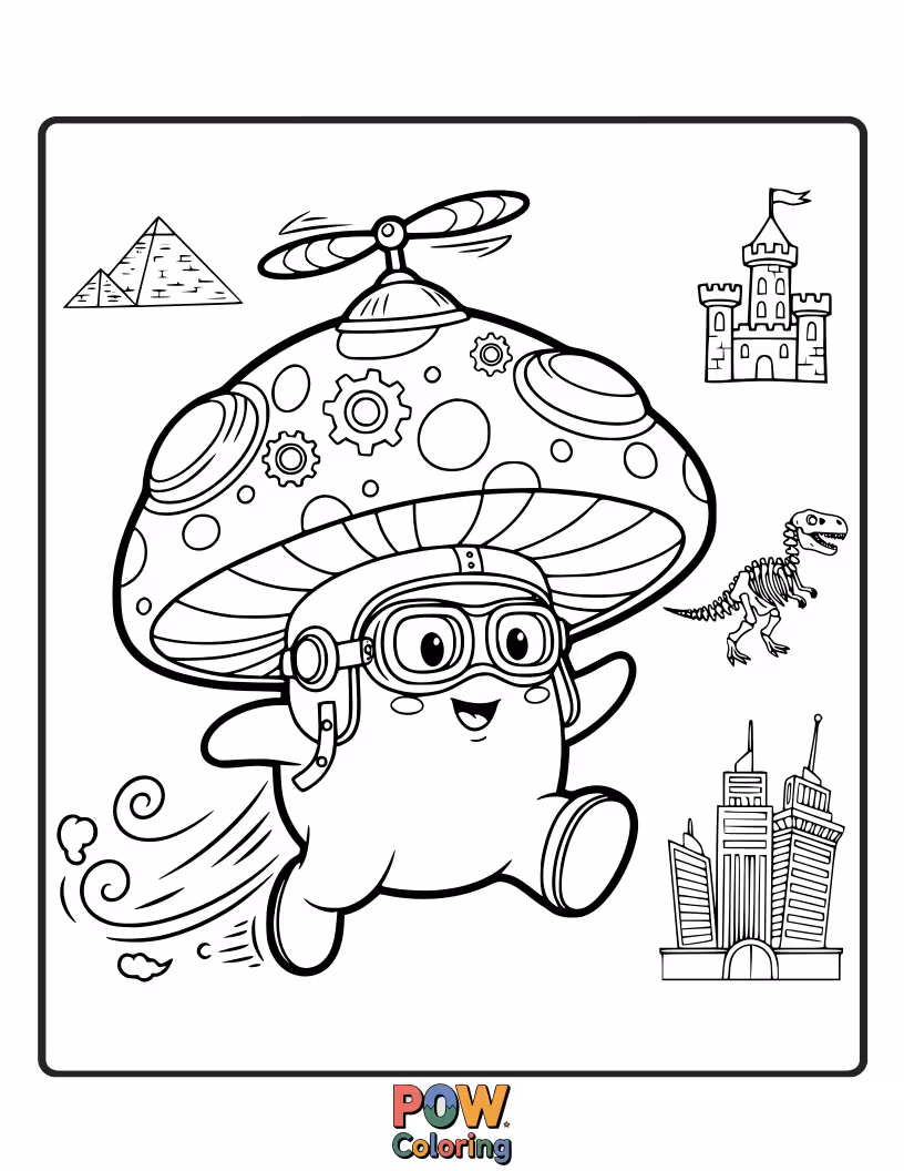 Free coloring page of A mushroom in a futuristic outfit, holding a bewildered dinosaur toy.