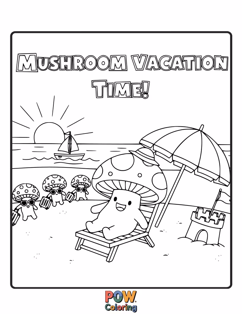 Free coloring page of A relaxed mushroom wearing sunglasses and a lei, lounging in a tiny hammock between two blades of grass.
