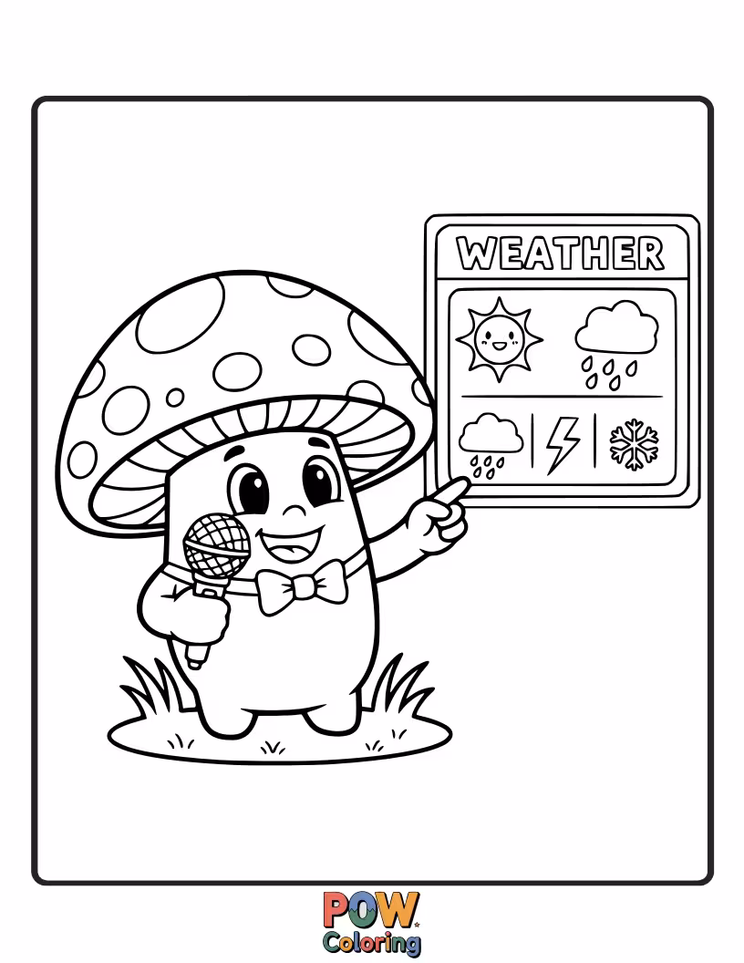Free coloring page of A mushroom with a microphone, reporting on a sudden, tiny rain shower of sprinkles.