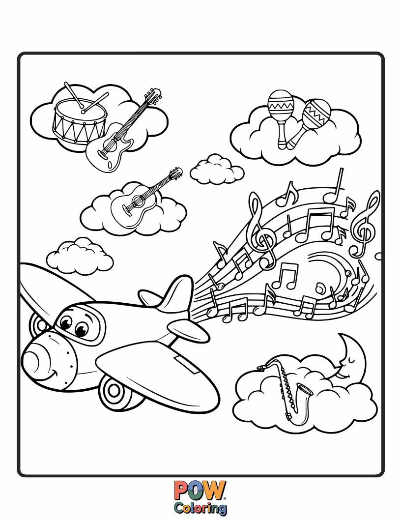Free coloring page of An airplane with musical notes streaming from its engines, creating a beautiful airborne symphony of happy tunes.