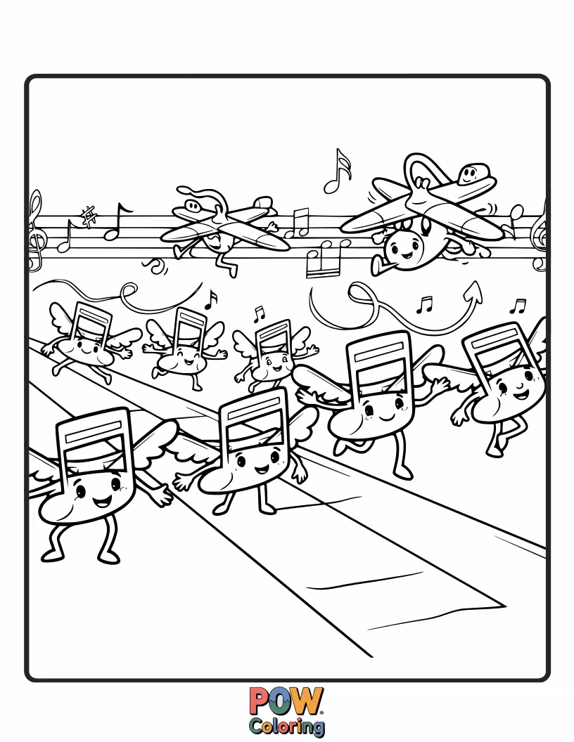 Free coloring page of An airplane that's actually a giant musical note, dancing and twirling through the air with joyful rhythm.
