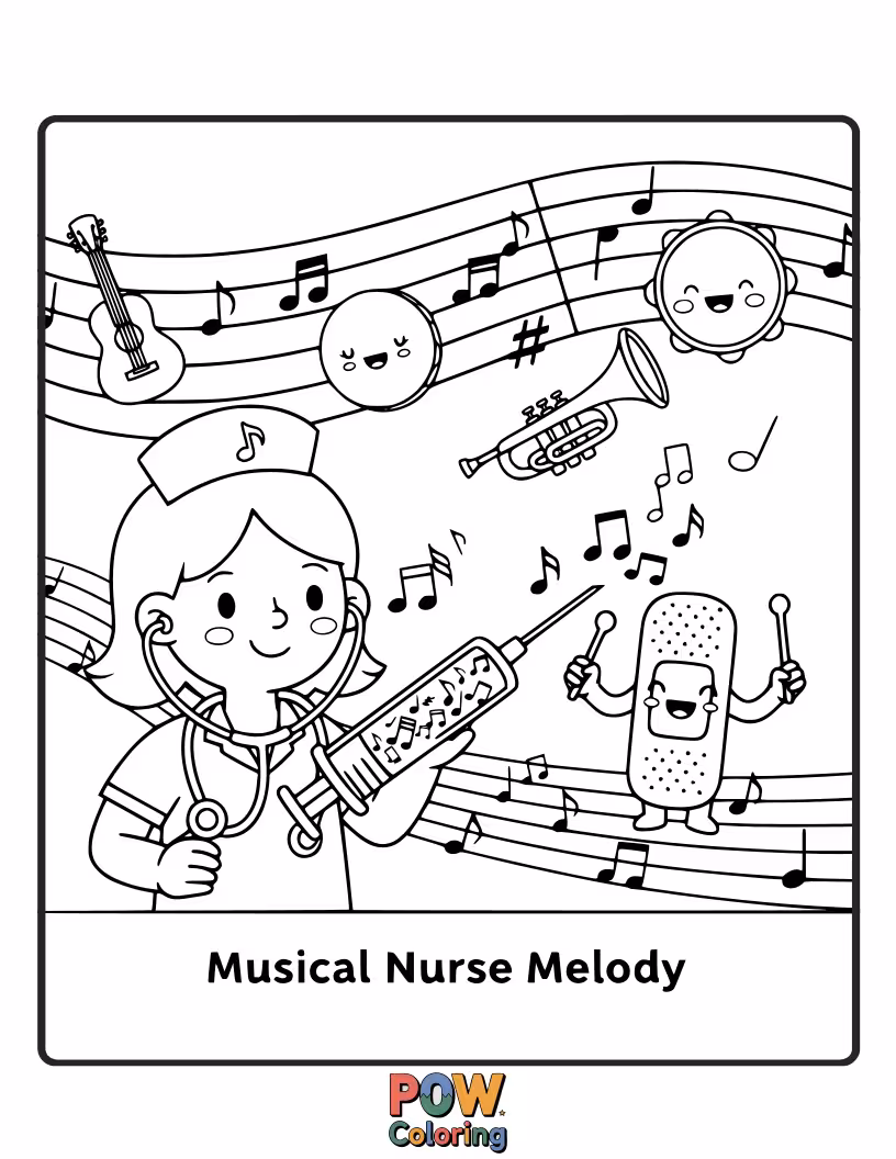 Free coloring page of A nurse who plays soothing melodies on her flute-stethoscope, lulling patients into a peaceful recovery.