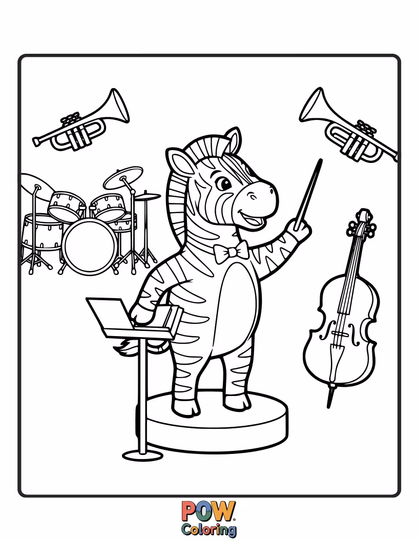Free coloring page of A sophisticated zebra conducting a symphony of happy insects with a baton, creating joyful tunes.
