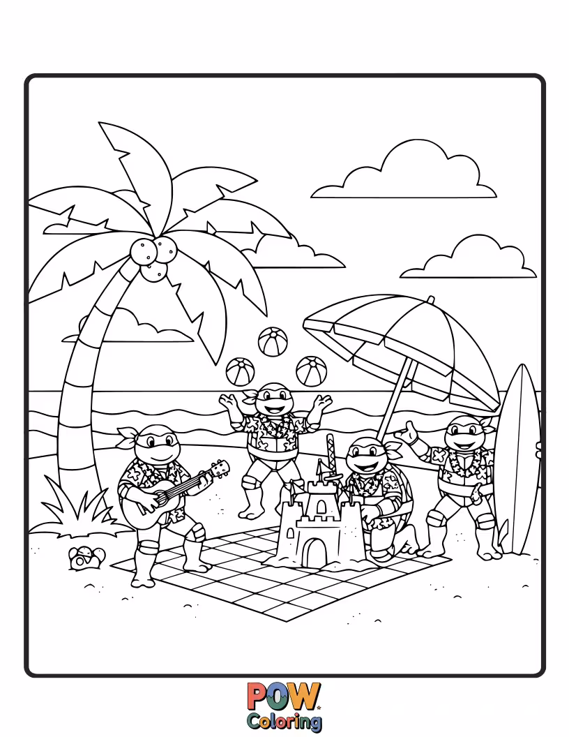 Free coloring page of The turtles having fun on a sunny beach, playing volleyball and surfing.