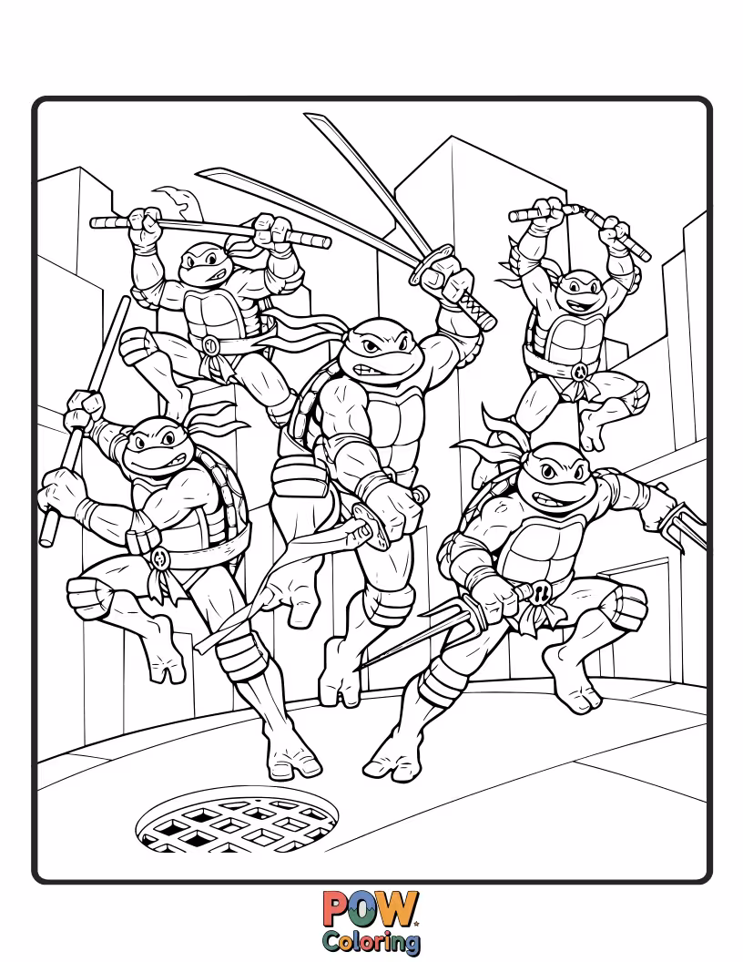 Free coloring page of The turtles depicted in their iconic 1980s cartoon style, full of energy.