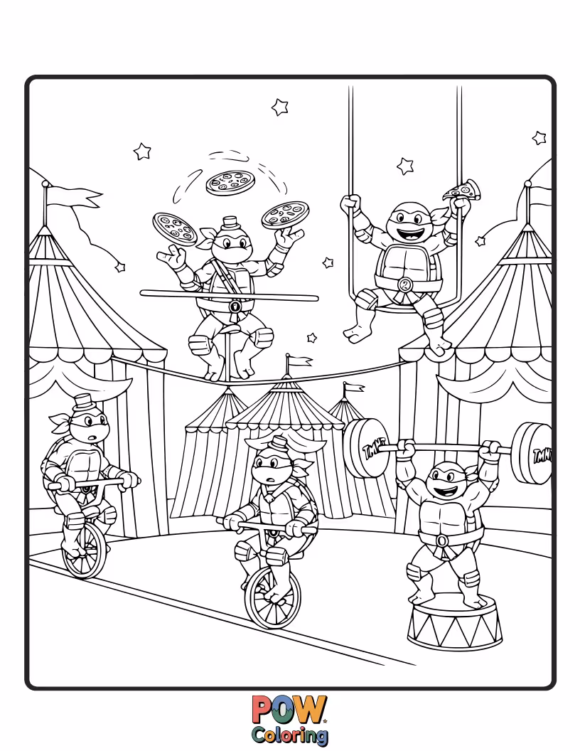Free coloring page of The turtles showcasing their acrobatic skills as exciting circus performers.