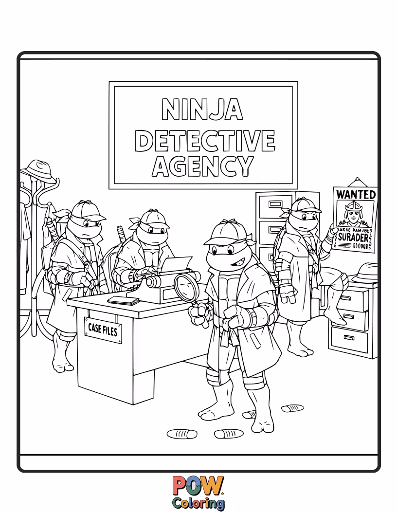 Free coloring page of The turtles solving a mystery, examining clues and interviewing suspects.