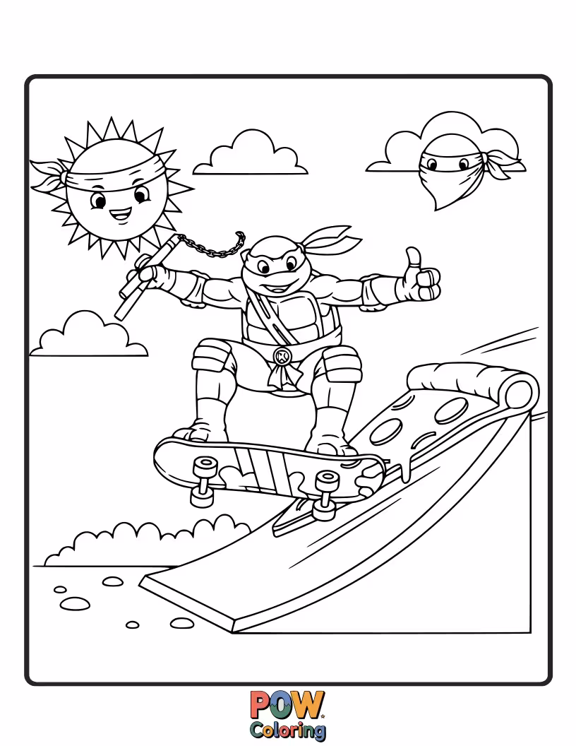 Free coloring page of The turtles participating in various extreme sports like snowboarding and BMX biking.