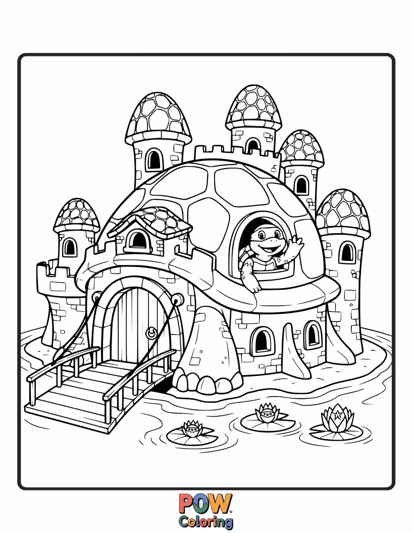 Free coloring page of The turtles defending a magnificent fantasy castle from an invading dragon.