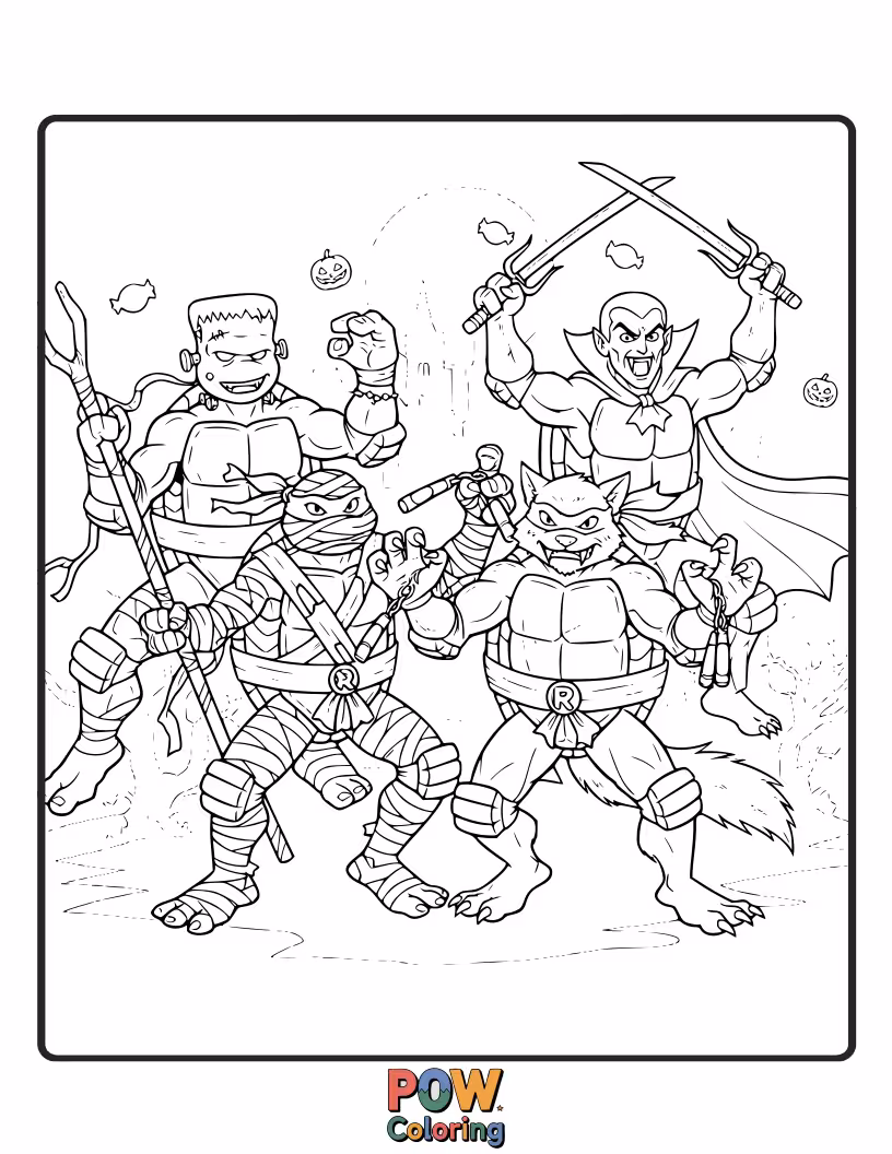 Free coloring page of The turtles facing off against classic movie monsters, ready to defend the city.