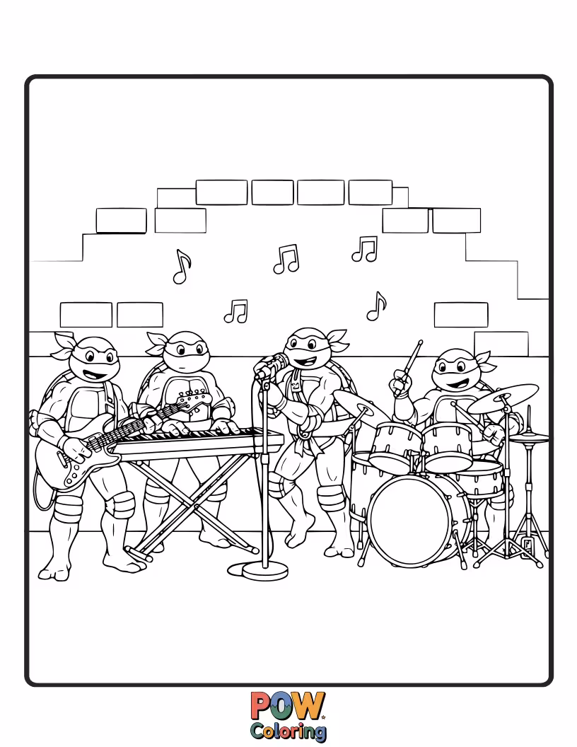 Free coloring page of The turtles playing their favorite instruments, creating a rock and roll jam session.