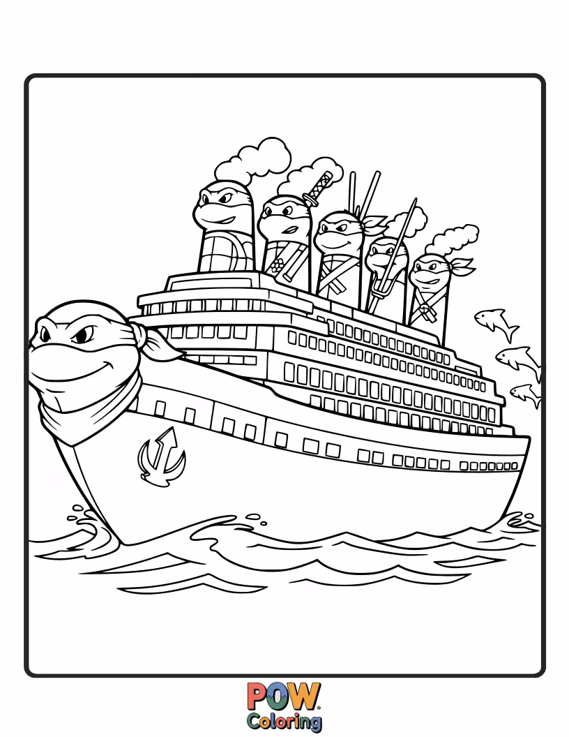 Free coloring page of The turtles on a luxurious cruise ship, enjoying the high seas.