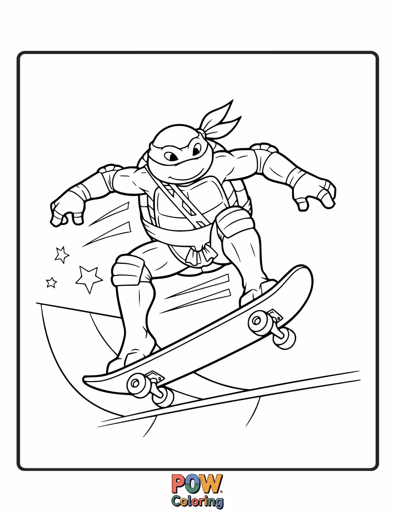 Free coloring page of Each turtle performing a cool trick on their skateboards, cruising through urban streets.