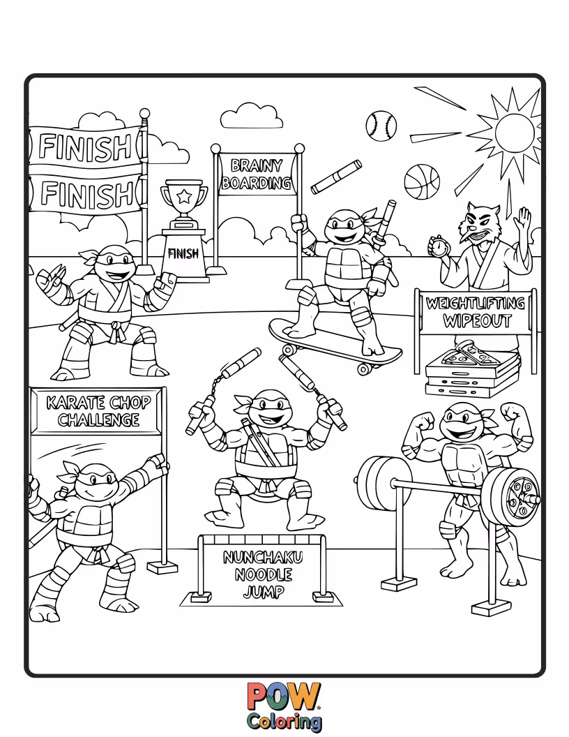 Free coloring page of The turtles competing in various fun sports like basketball and track and field.