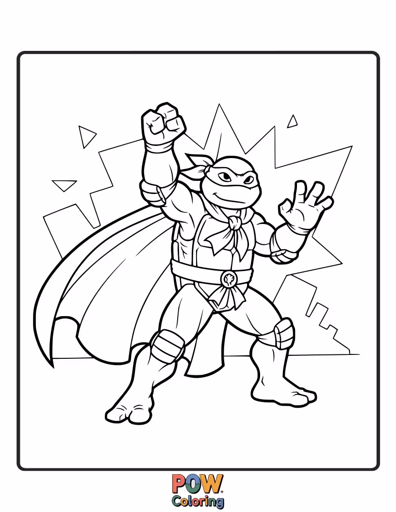 Free coloring page of Each turtle striking an epic superhero pose, ready to save the day.