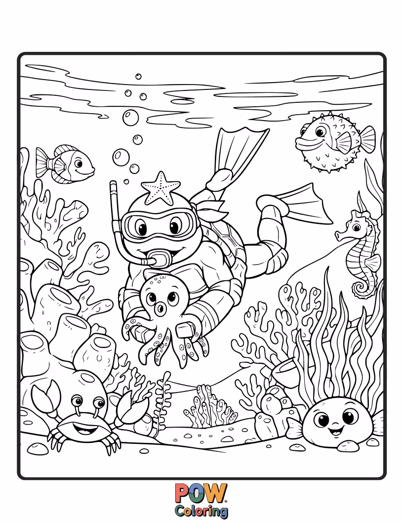 Free coloring page of The turtles exploring a vibrant coral reef, encountering colorful fish and mysterious ocean creatures.