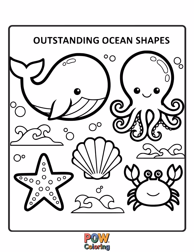 Free coloring page of Explore underwater scenes where fish, shells, and coral are formed from various geometric shapes, bringing the ocean to life.