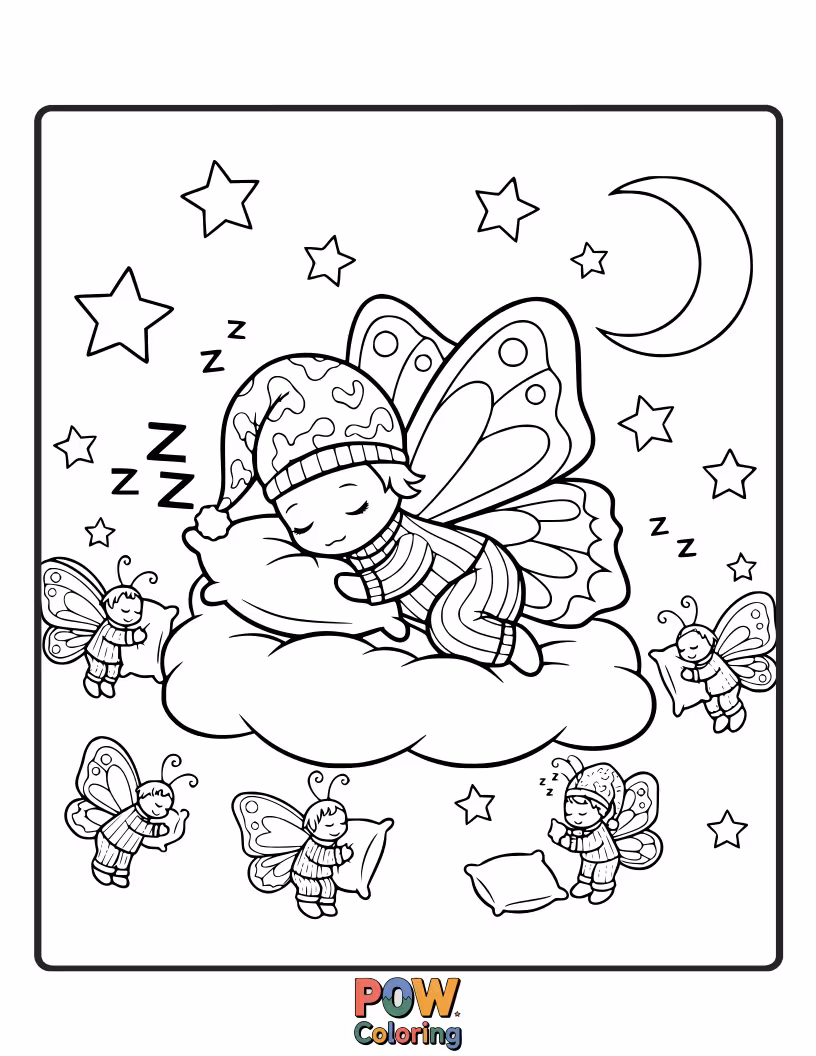 Free coloring page of A sleepy butterfly in comfy pajamas, with soft, fluffy blanket wings, ready for a cozy night's rest. Zzzzz.