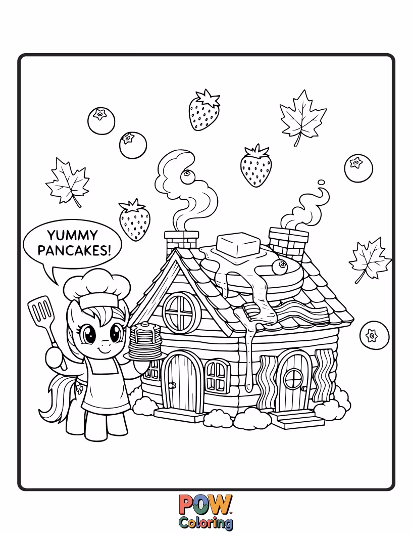 Free coloring page of A pony peeking out from a tiny house made entirely of pancakes.
